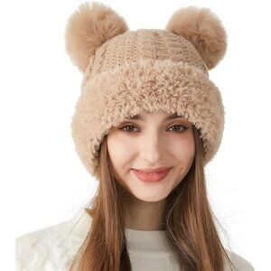 Peicees Knitted Beanie with Fur Pompom for Women Girls Chunky Winter Beanie Hat